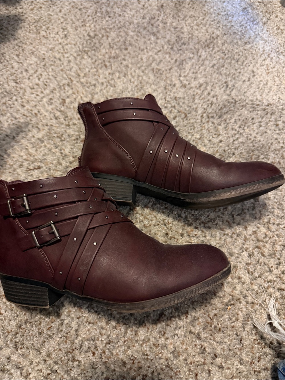 SO Burgundy Strappy Ankle Booties with Stud Accents